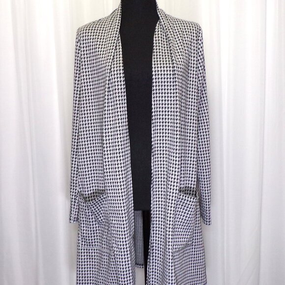 Ambrie Houndstooth Open Front Sweater Womens MED Black White Long Pockets USA - Picture 1 of 8